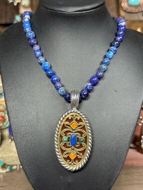 Carolyn Pollack Blue Lapis Beaded Necklace with Multicolor Ornate Pendant